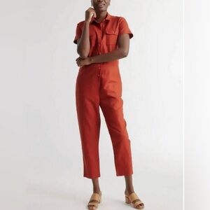 Quince Cotton Linen Twill Short Sleeve Coverall Jumpsuit in Rust Red S
